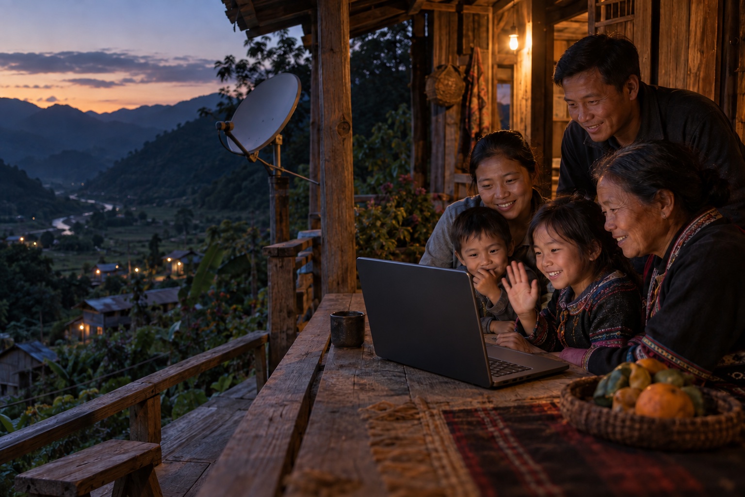 A family sharing a laptop on the veranda of a remote hillside home, with a satellite dish overlooking the valley.