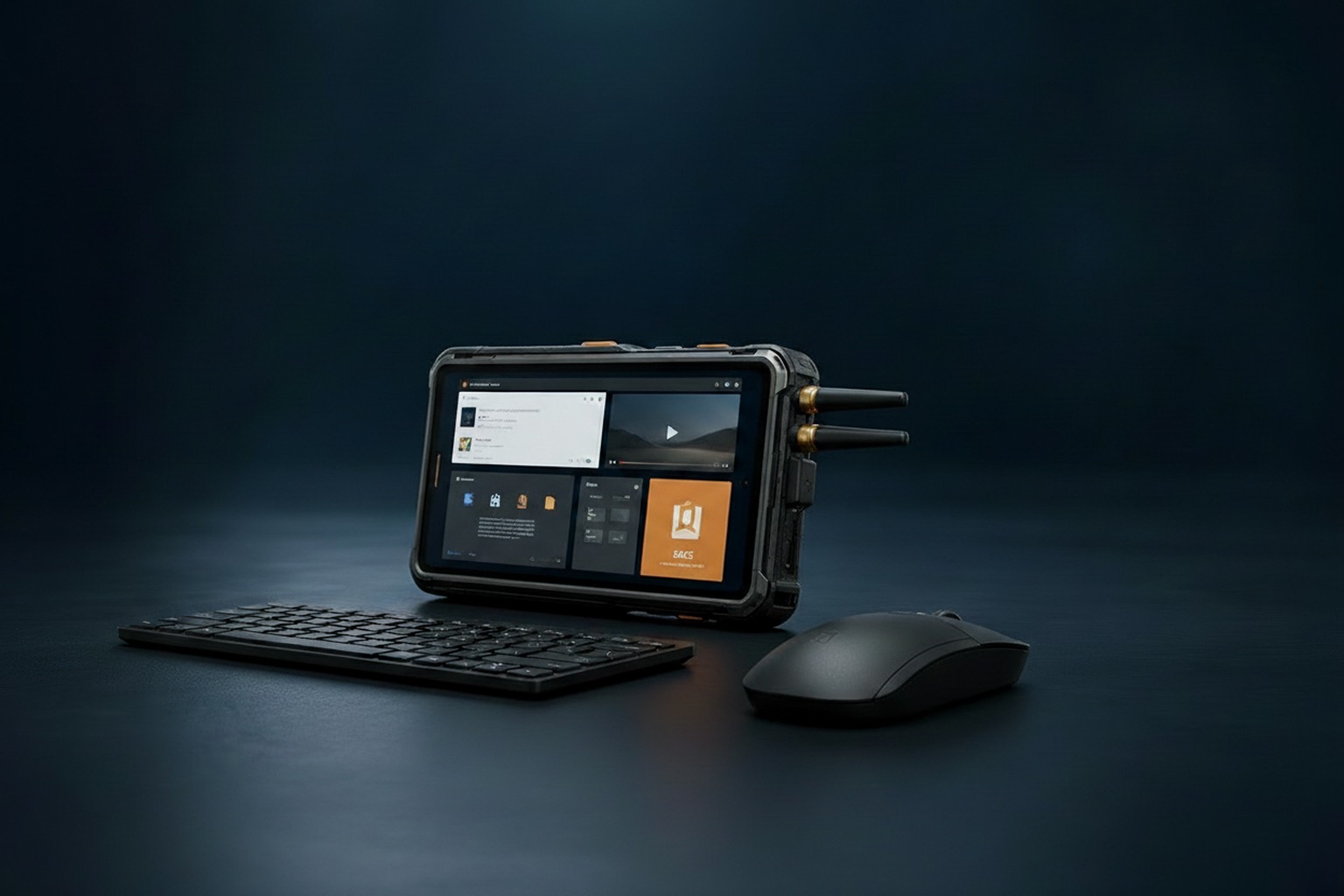 Concept render of the SAGE Lantern turned onto its side on a desk, running a Linux desktop with a browser, a video player and the companion app, with a keyboard and mouse in front of it